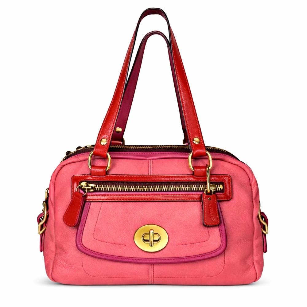 COACH BONNIE Tricolor Leather Double Zipper Brass Turn Lock Top Handle Satchel